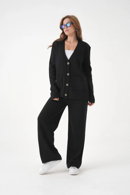 Kadın V Yaka Cep Detay Düğme Kapama Oversize Ceket Pantolon İkili Triko Takım