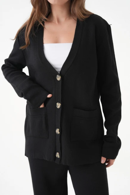 Kadın V Yaka Cep Detay Düğme Kapama Oversize Ceket Pantolon İkili Triko Takım