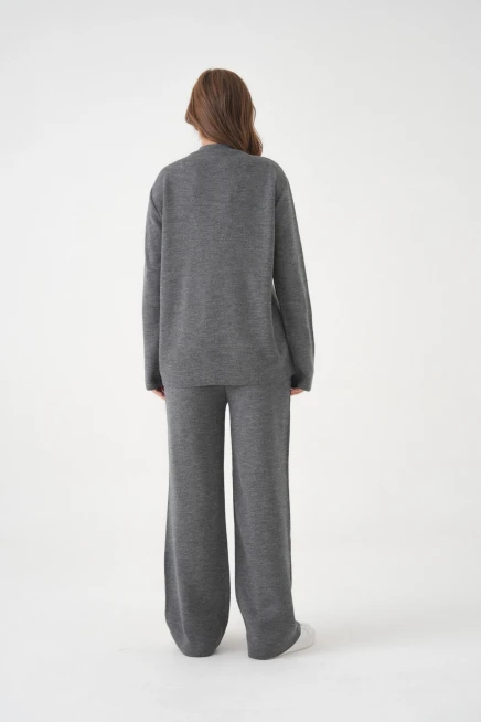 Kadın V Yaka Cep Detay Düğme Kapama Oversize Ceket Pantolon İkili Triko Takım