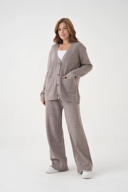 Kadın V Yaka Cep Detay Düğme Kapama Oversize Ceket Pantolon İkili Triko Takım