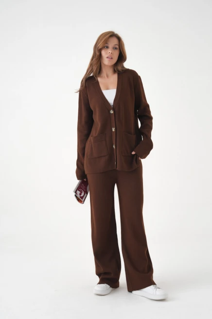 Kadın V Yaka Cep Detay Düğme Kapama Oversize Ceket Pantolon İkili Triko Takım