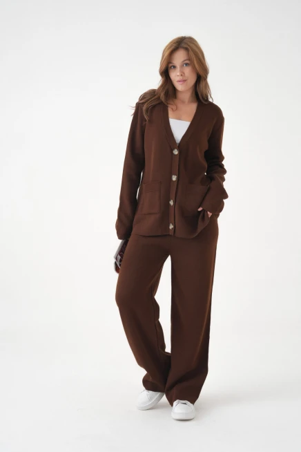 Kadın V Yaka Cep Detay Düğme Kapama Oversize Ceket Pantolon İkili Triko Takım