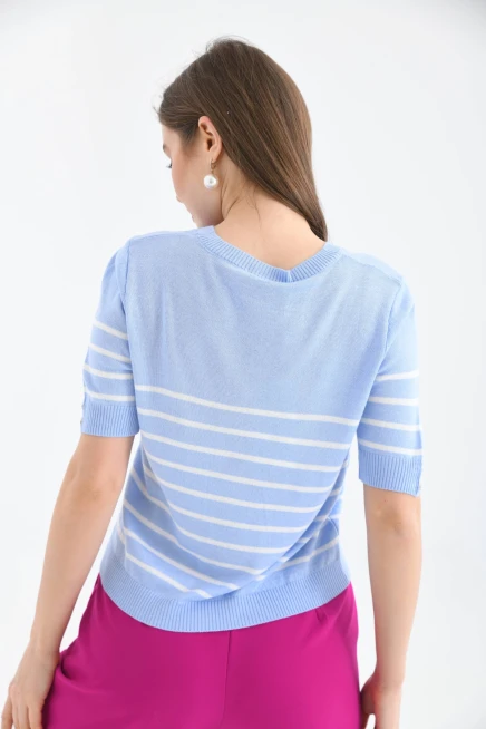 Kadın V Yaka Çizgili Kısa Kol Triko Kazak