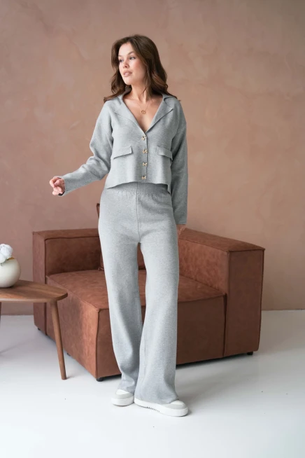 Kadın V Yaka Düğme Detay Ceket Pantolon İkili Triko Takım