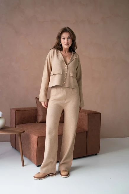 Kadın V Yaka Düğme Detay Ceket Pantolon İkili Triko Takım