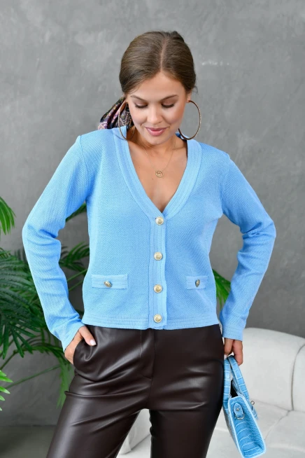 Kadın V Yaka Düğme Detay Nakışlı Triko Hırka