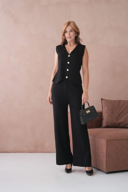 Kadın V Yaka Düğme Detay Yelek Pantolon İkili Triko Takım