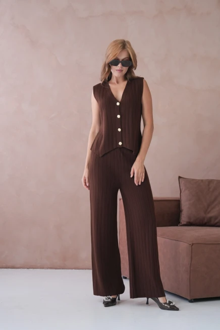 Kadın V Yaka Düğme Detay Yelek Pantolon İkili Triko Takım