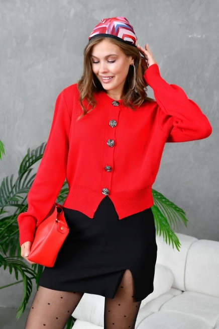 Kadın V Yaka Düğme Detay Yumuşak Dokulu Triko Ceket 10827