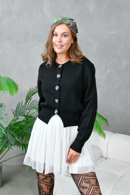 Kadın V Yaka Düğme Detay Yumuşak Dokulu Triko Ceket 10827