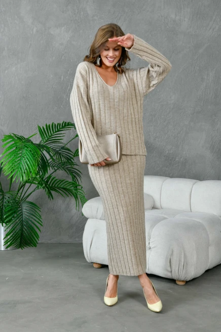 Kadın V Yaka Fitilli Kazak Etek İkili Triko Takım