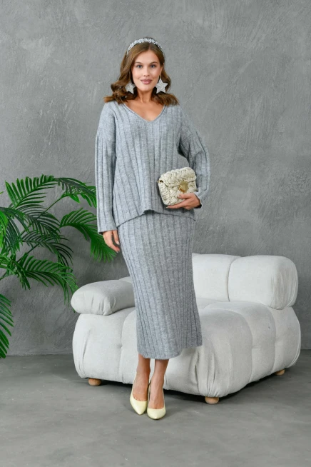 Kadın V Yaka Fitilli Kazak Etek İkili Triko Takım