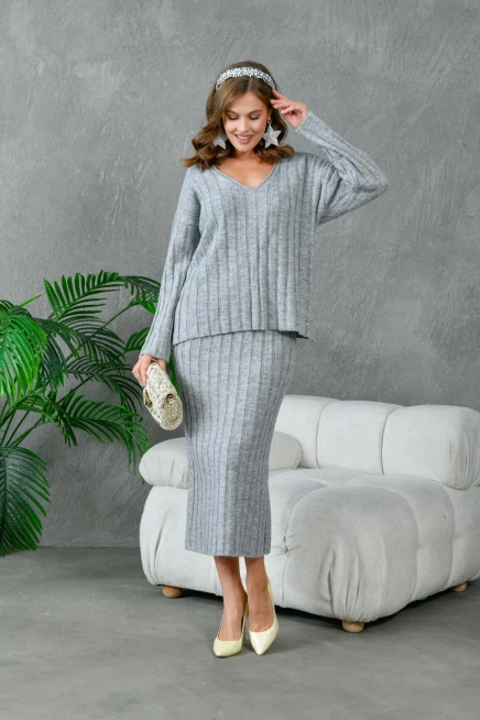 Kadın V Yaka Fitilli Kazak Etek İkili Triko Takım