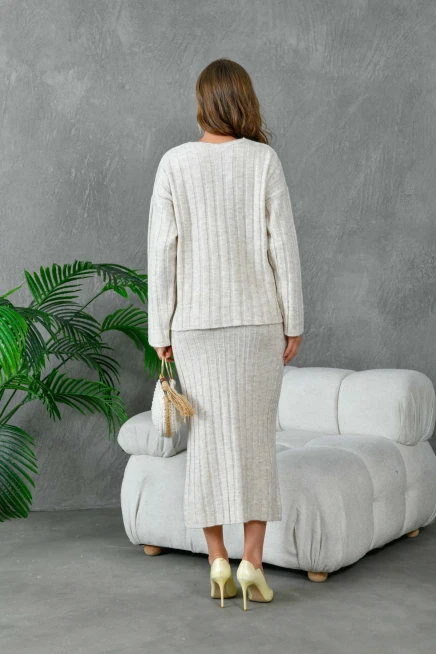 Kadın V Yaka Fitilli Kazak Etek İkili Triko Takım