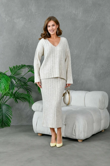 Kadın V Yaka Fitilli Kazak Etek İkili Triko Takım