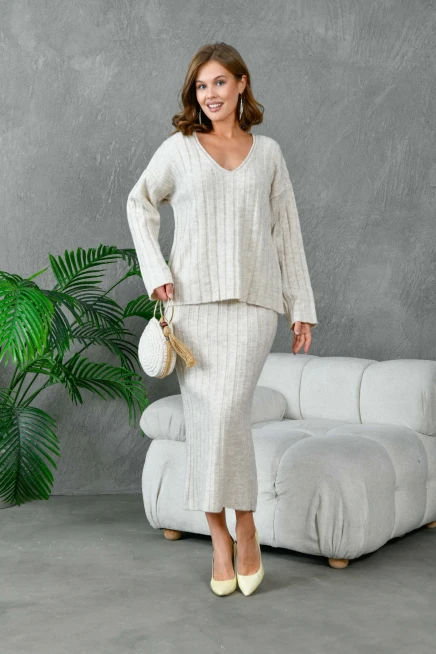 Kadın V Yaka Fitilli Kazak Etek İkili Triko Takım