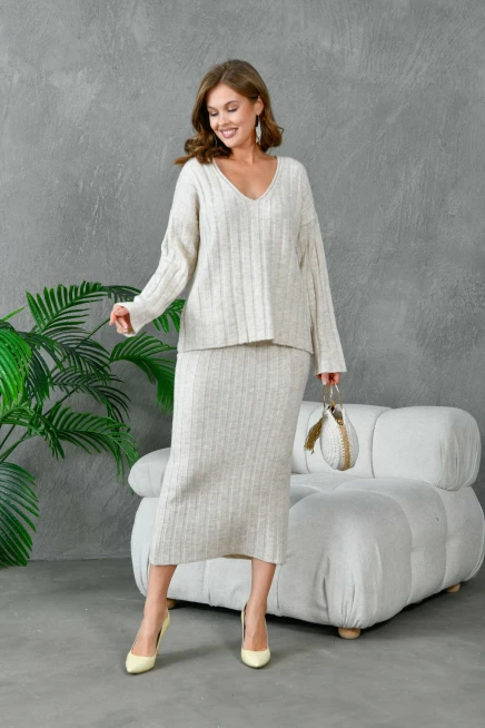 Kadın V Yaka Fitilli Kazak Etek İkili Triko Takım
