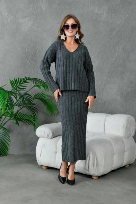 Kadın V Yaka Fitilli Kazak Etek İkili Triko Takım