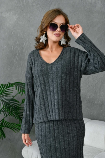 Kadın V Yaka Fitilli Kazak Etek İkili Triko Takım