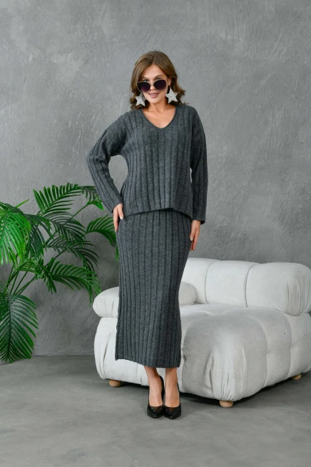 Kadın V Yaka Fitilli Kazak Etek İkili Triko Takım