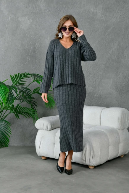 Kadın V Yaka Fitilli Kazak Etek İkili Triko Takım