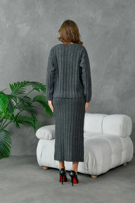 Kadın V Yaka Fitilli Kazak Etek İkili Triko Takım