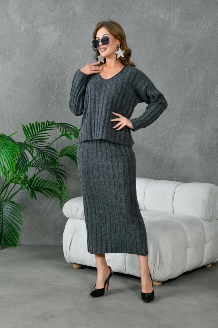 Kadın V Yaka Fitilli Kazak Etek İkili Triko Takım