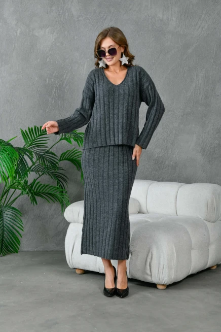 Kadın V Yaka Fitilli Kazak Etek İkili Triko Takım