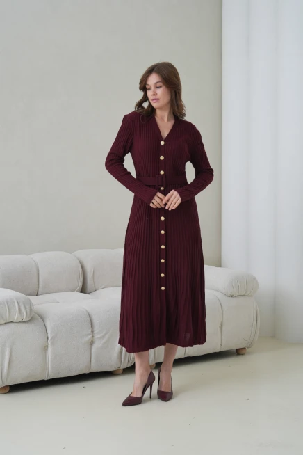 Kadın V Yaka Ful Düğme Kapama Kemer Detay Maksi Boy Fitilli Triko Elbise