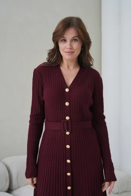 Kadın V Yaka Ful Düğme Kapama Kemer Detay Maksi Boy Fitilli Triko Elbise