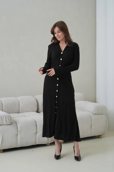 Kadın V Yaka Ful Düğme Kapama Kemer Detay Maksi Boy Fitilli Triko Elbise