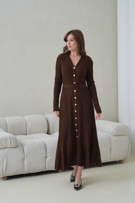 Kadın V Yaka Ful Düğme Kapama Kemer Detay Maksi Boy Fitilli Triko Elbise