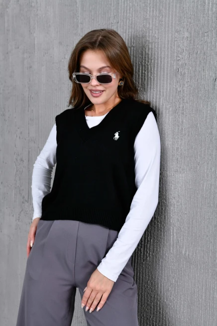 Kadın V Yaka Nakışlı Oversize Basic Triko Sweater