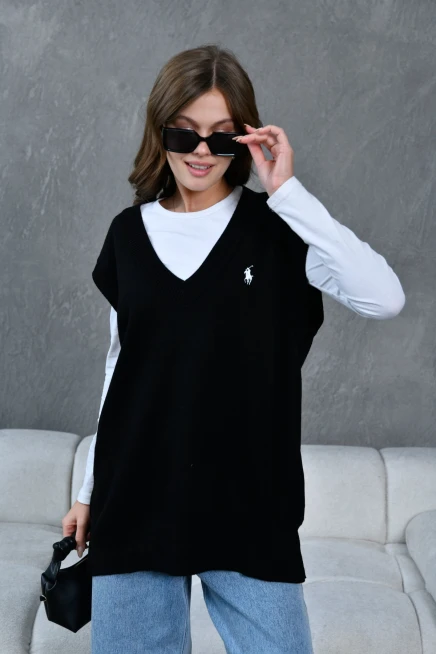 Kadın V Yaka Nakışlı Oversize Triko Sweater