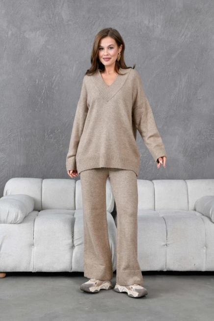 Kadın V Yaka Örgü Detay Oversize Kazak Pantolon İkili Triko Takım