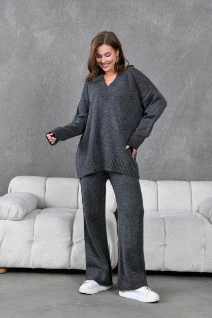 Kadın V Yaka Örgü Detay Oversize Kazak Pantolon İkili Triko Takım