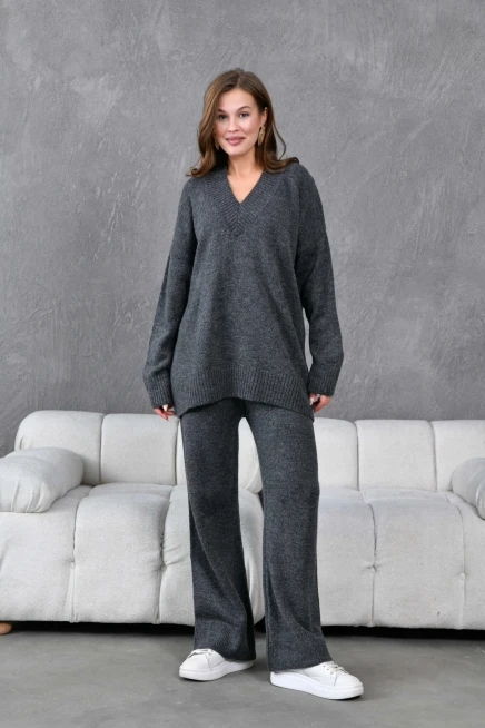 Kadın V Yaka Örgü Detay Oversize Kazak Pantolon İkili Triko Takım