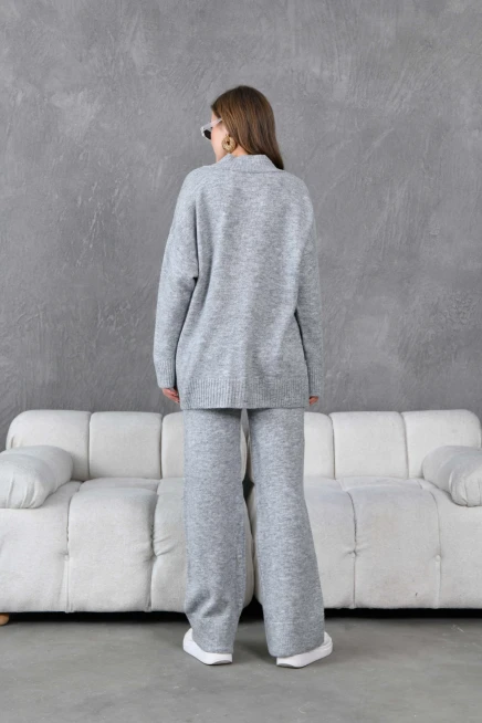 Kadın V Yaka Örgü Detay Oversize Kazak Pantolon İkili Triko Takım