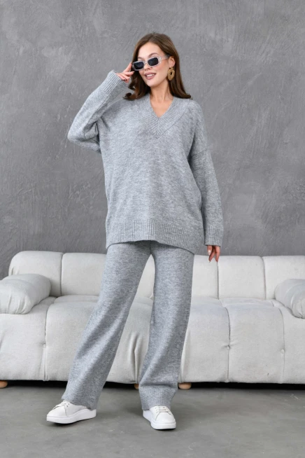 Kadın V Yaka Örgü Detay Oversize Kazak Pantolon İkili Triko Takım