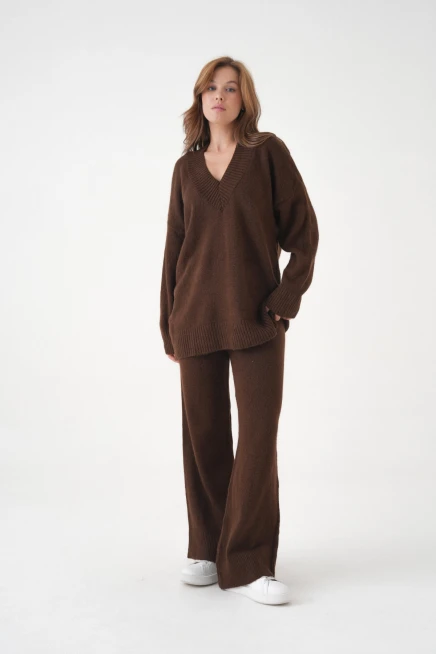 Kadın V Yaka Örgü Detay Oversize Kazak Pantolon İkili Triko Takım