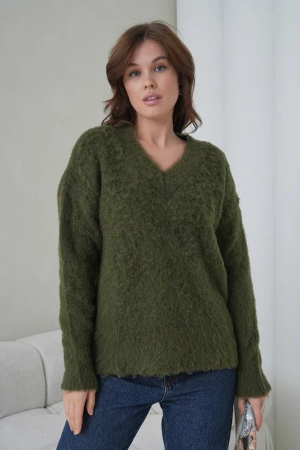 Kadın V Yaka Sakal Dokulu Şardonlu Oversize Triko Kazak 8695