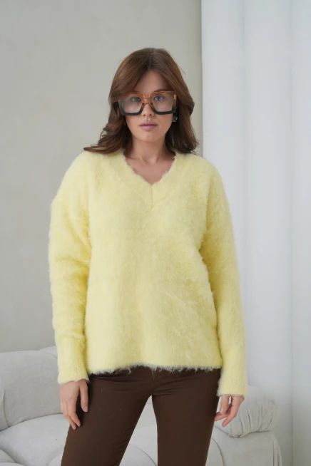 Kadın V Yaka Sakal Dokulu Şardonlu Oversize Triko Kazak 8695