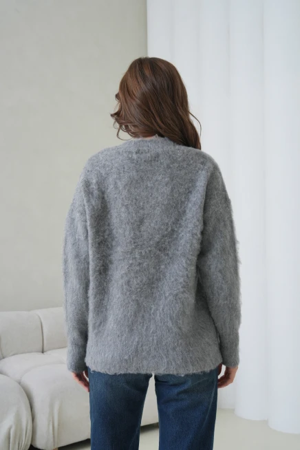 Kadın V Yaka Sakal Dokulu Şardonlu Oversize Triko Kazak 8695