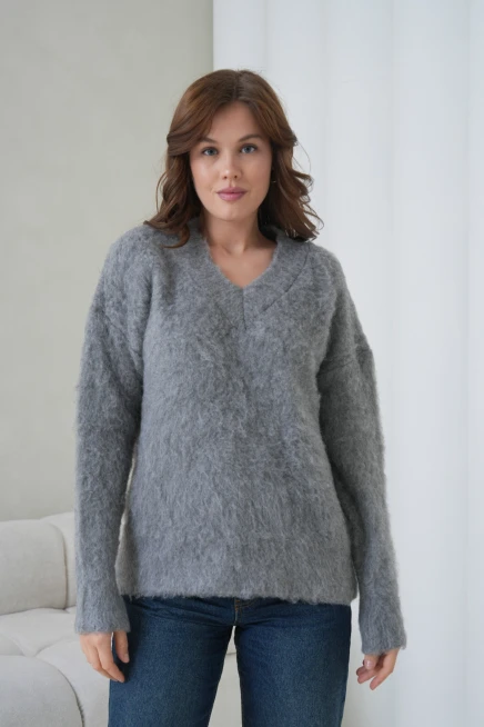 Kadın V Yaka Sakal Dokulu Şardonlu Oversize Triko Kazak 8695