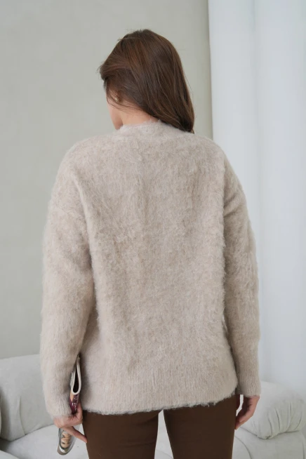 Kadın V Yaka Sakal Dokulu Şardonlu Oversize Triko Kazak 8695