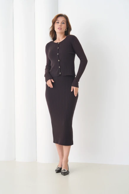 Kadın bisiklet Yaka Düğme Kapama Kaşkorse Ceket Elbise İkili Triko Takım