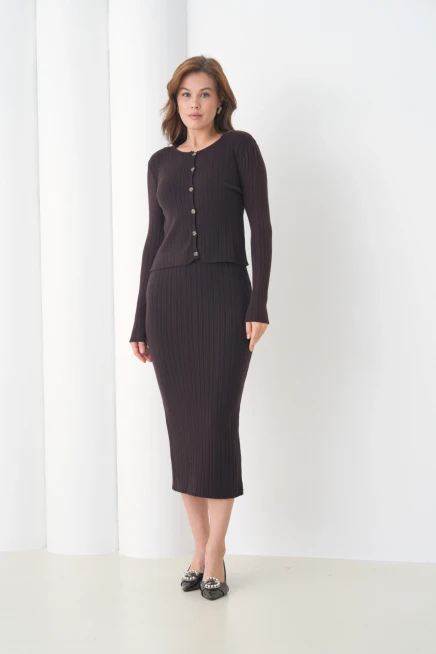 Kadın bisiklet Yaka Düğme Kapama Kaşkorse Ceket Elbise İkili Triko Takım