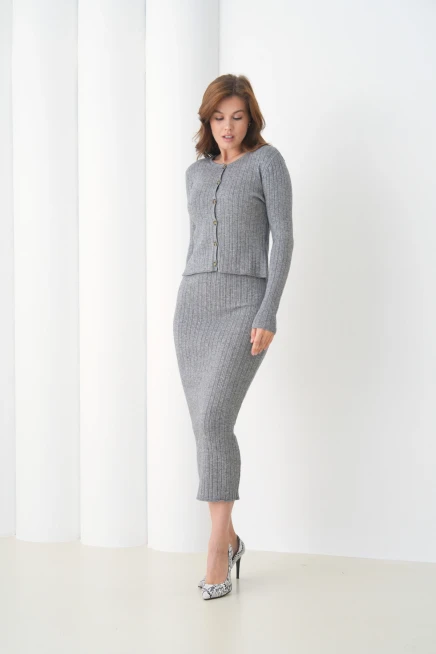 Kadın bisiklet Yaka Düğme Kapama Kaşkorse Ceket Elbise İkili Triko Takım