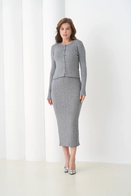 Kadın bisiklet Yaka Düğme Kapama Kaşkorse Ceket Elbise İkili Triko Takım