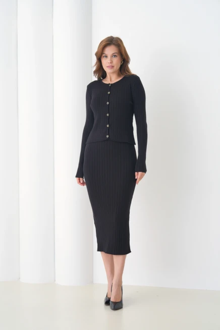 Kadın bisiklet Yaka Düğme Kapama Kaşkorse Ceket Elbise İkili Triko Takım